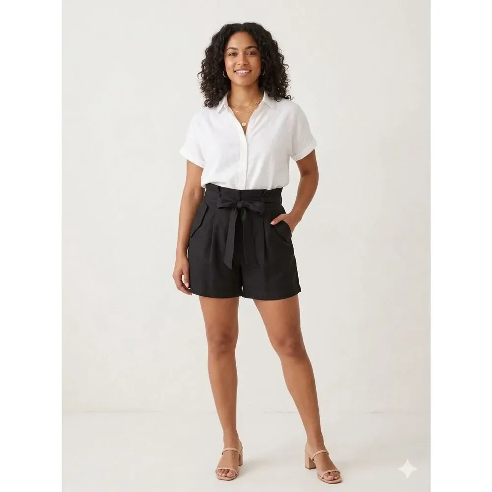 A New Day Black Paperbag Waist Shorts Size 12 High Rise Belted Pleated EUC